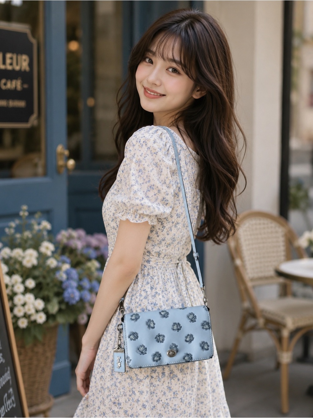 Coach Dinky With Glitter Rose Print Crossbody 31679 Sky Blue/Silver